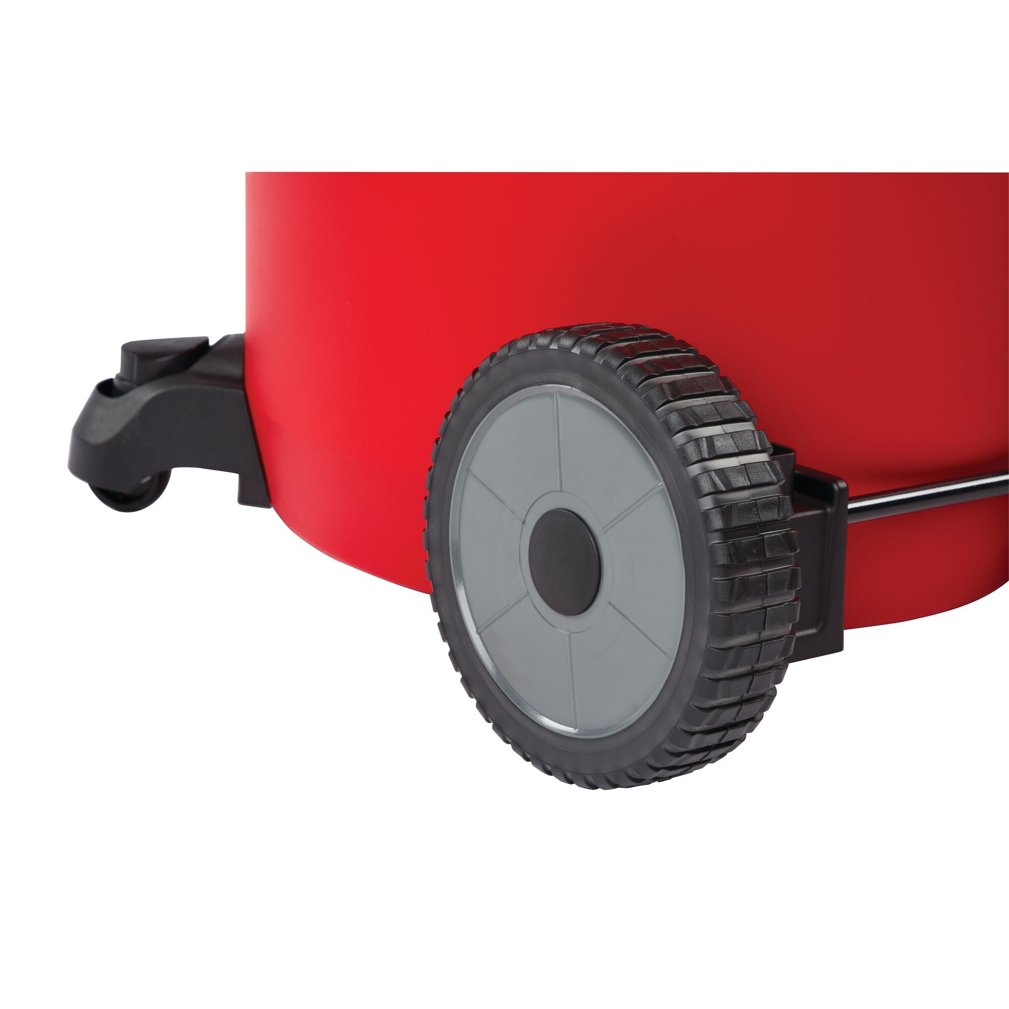 Wheel feature of 20 gallon 6.5 H P wet dry vacuum with cart.