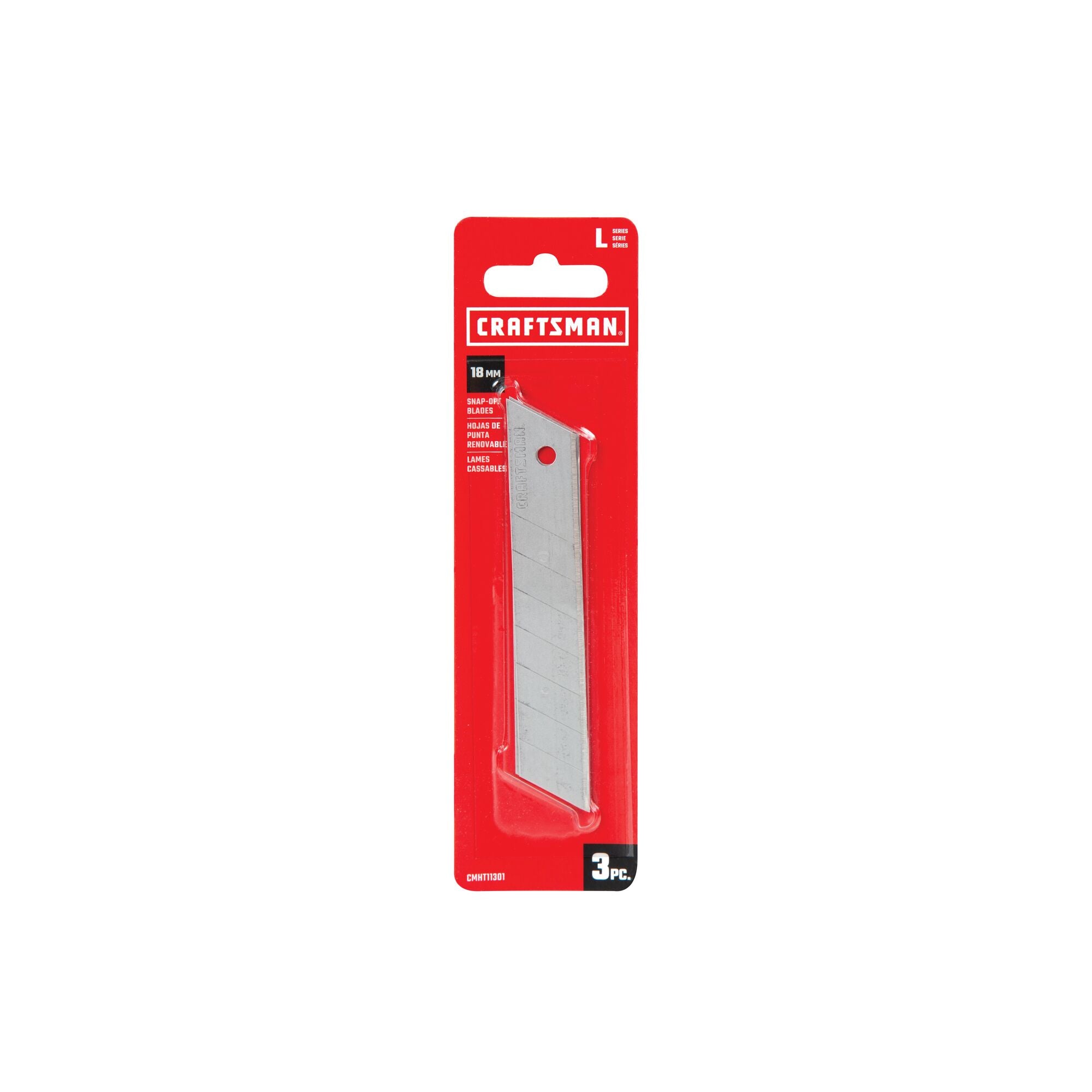 3 pack 18 millimeter snap blades in plastic packaging.