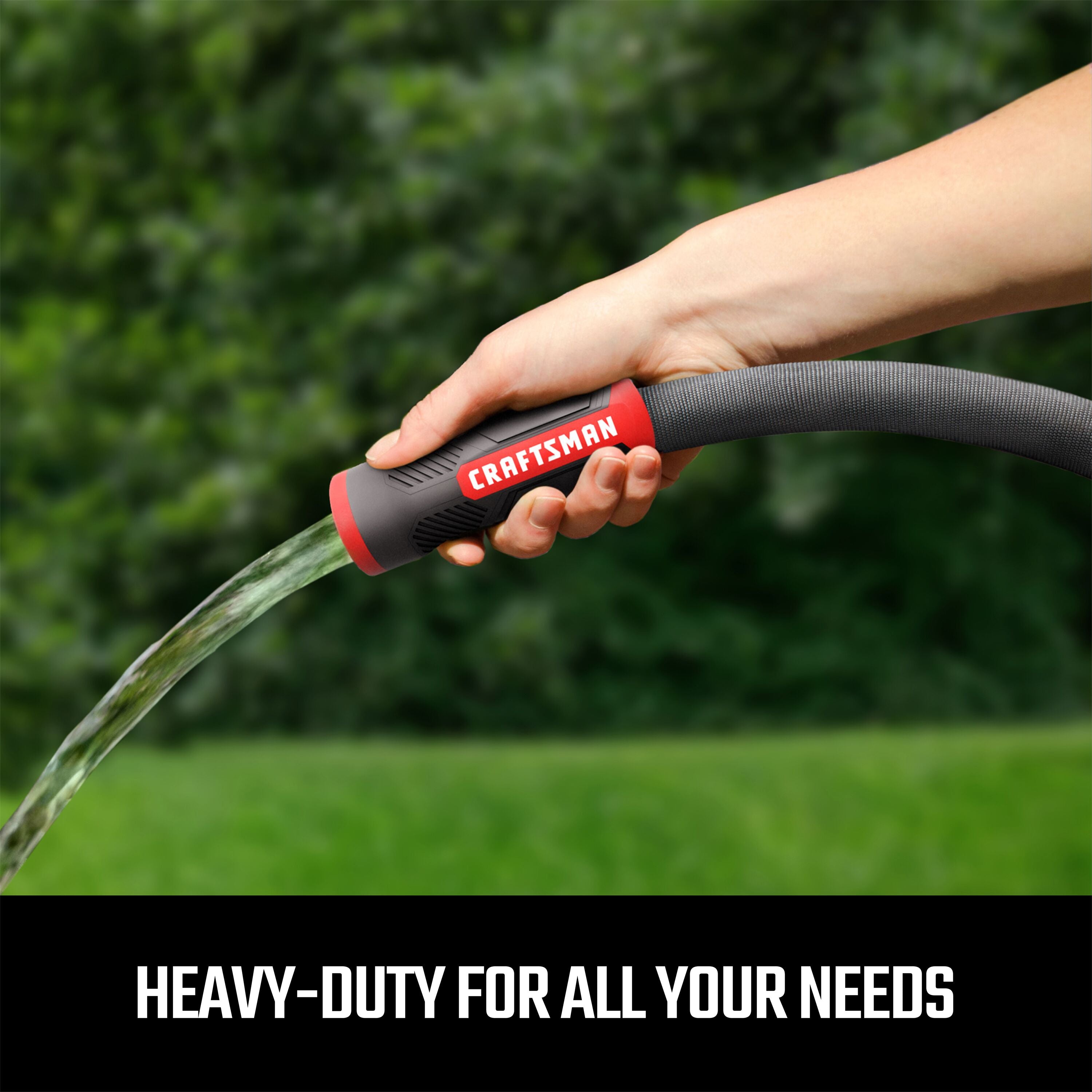Heavy-duty fabric hose, 50-foot by 5/8 inch. Emitting a stream of water graphic