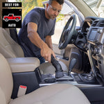 Auto enthusiast using 1-7/8 dusting brush attachment with CRAFTSMAN shop vac to clean car interior