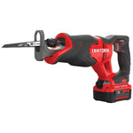 Left profile of 20 volt cordless reciprocating saw kit.