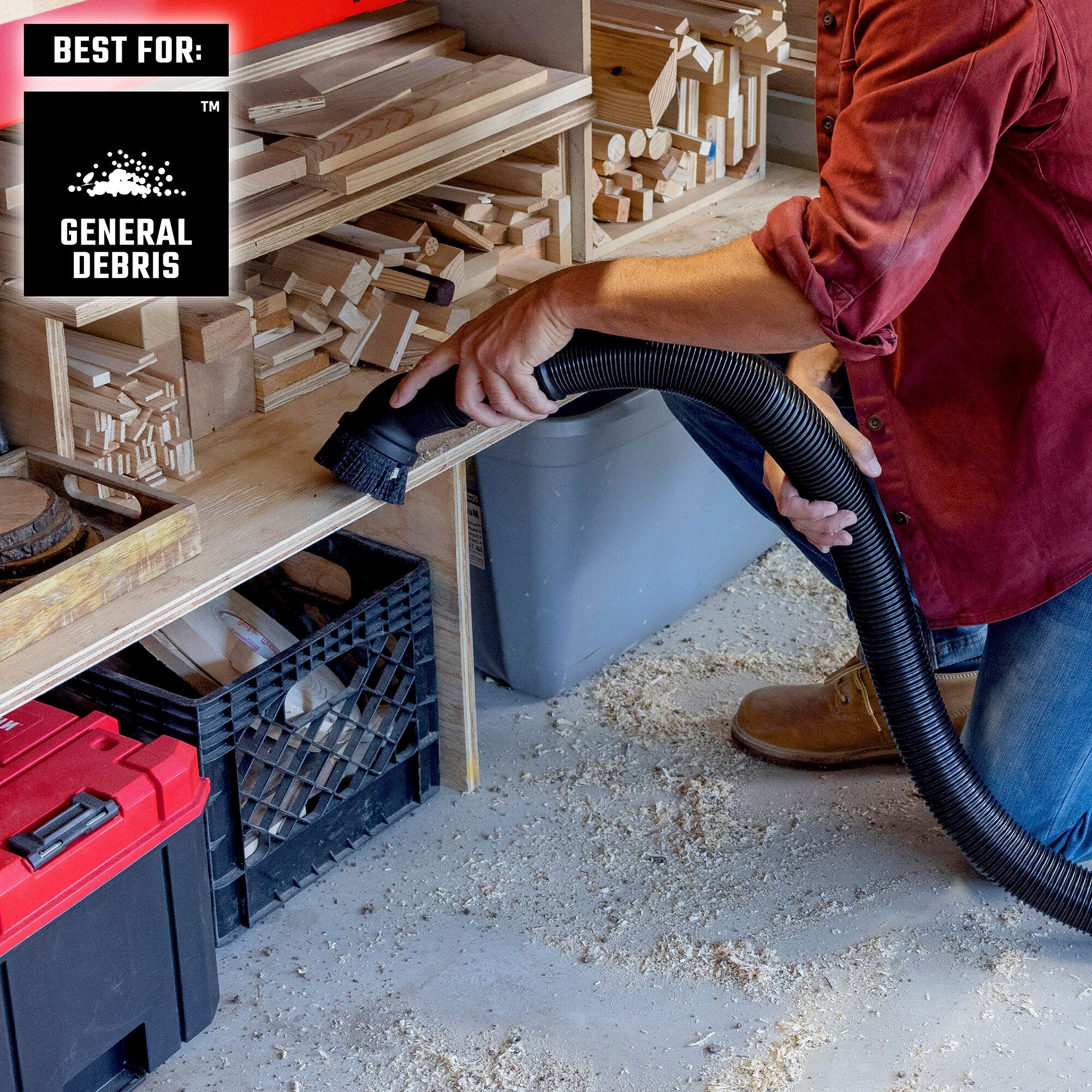 Person cleaning sawdust and general debris from workbench with a CRAFTSMAN wet/dry vac