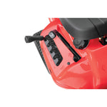 Gear feature of a 30 inch 10 h p gear drive mini riding mower with mulching kit.