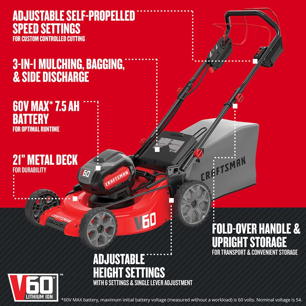 Left profile of volt 60 cordless 21 inch 3 in 1 self propelled lawn mower kit 7.5 Amp hour.