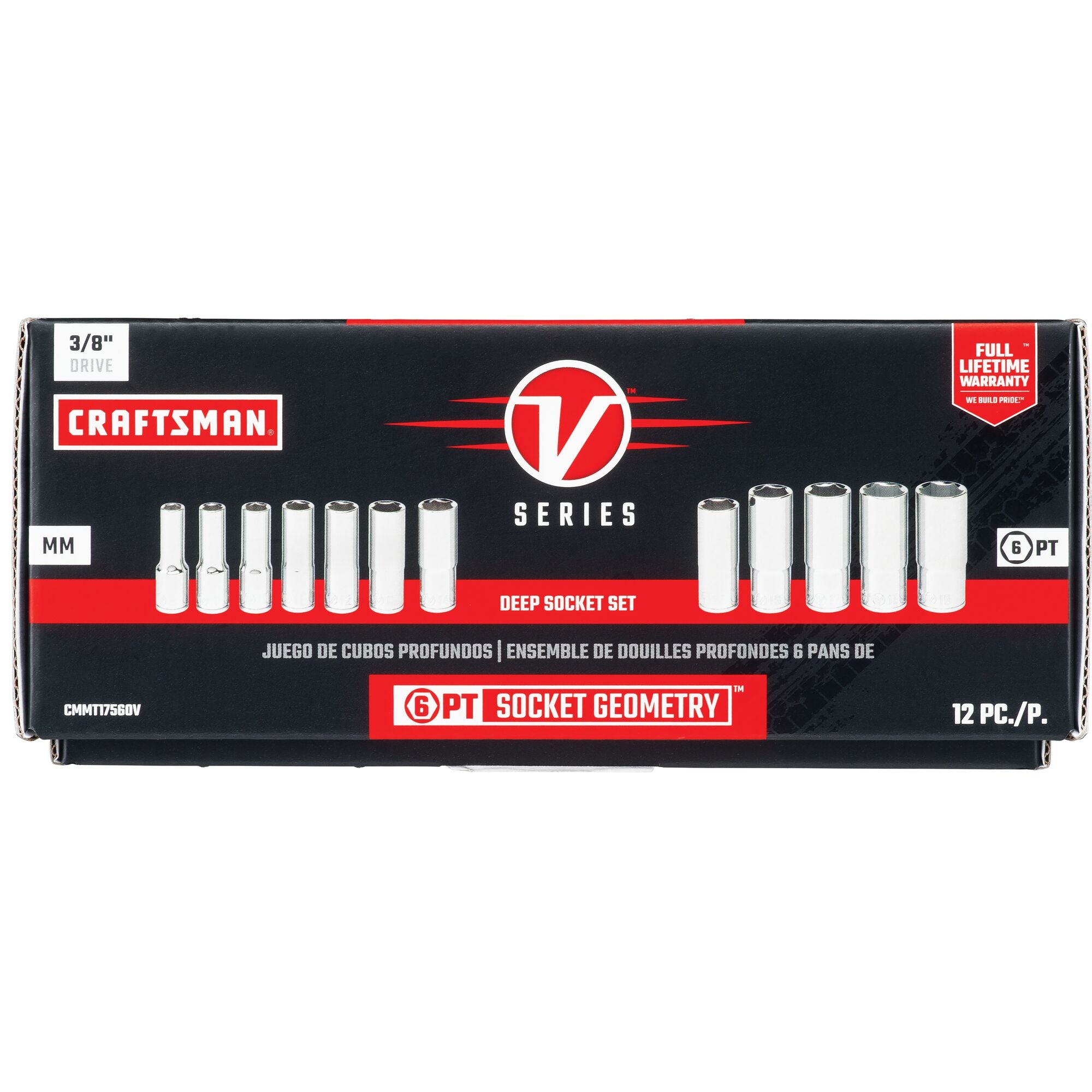 3 eighths inch drive metric deep 6 point socket set 12 piece in cardboard packaging.