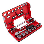 3 eighth inch drive metric 6 point tool set assembled in its case.