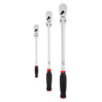 Profile of V series quarter inch three eighth inch and half inch drive comfort grip long flex head ratchet. 3 pack