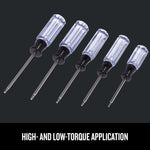 Angled view of Craftsman Mini Torx Acetate Handle Screwdriver Set 5 pc. showing high and low-torque application.