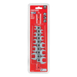 10 piece 3 eighths inch 12 point metric crowfoot open end wrench set in plastic packaging.