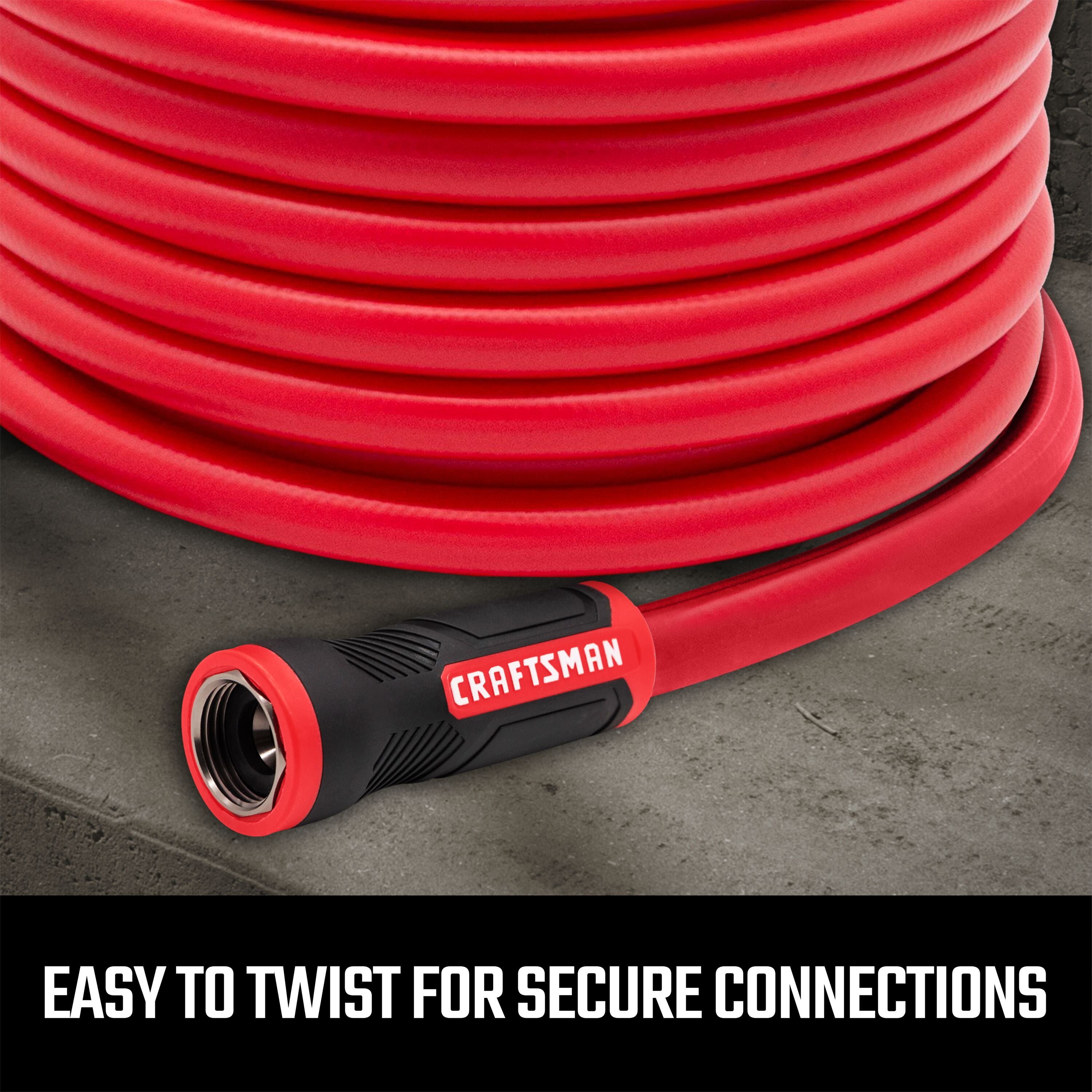 Red and black 75-foot by 5/8 inch professional-grade hot water hose featuring easy twist couplings for secure connections.