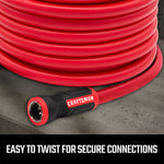 Red and black 75-foot by 5/8 inch professional-grade hot water hose featuring easy twist couplings for secure connections.