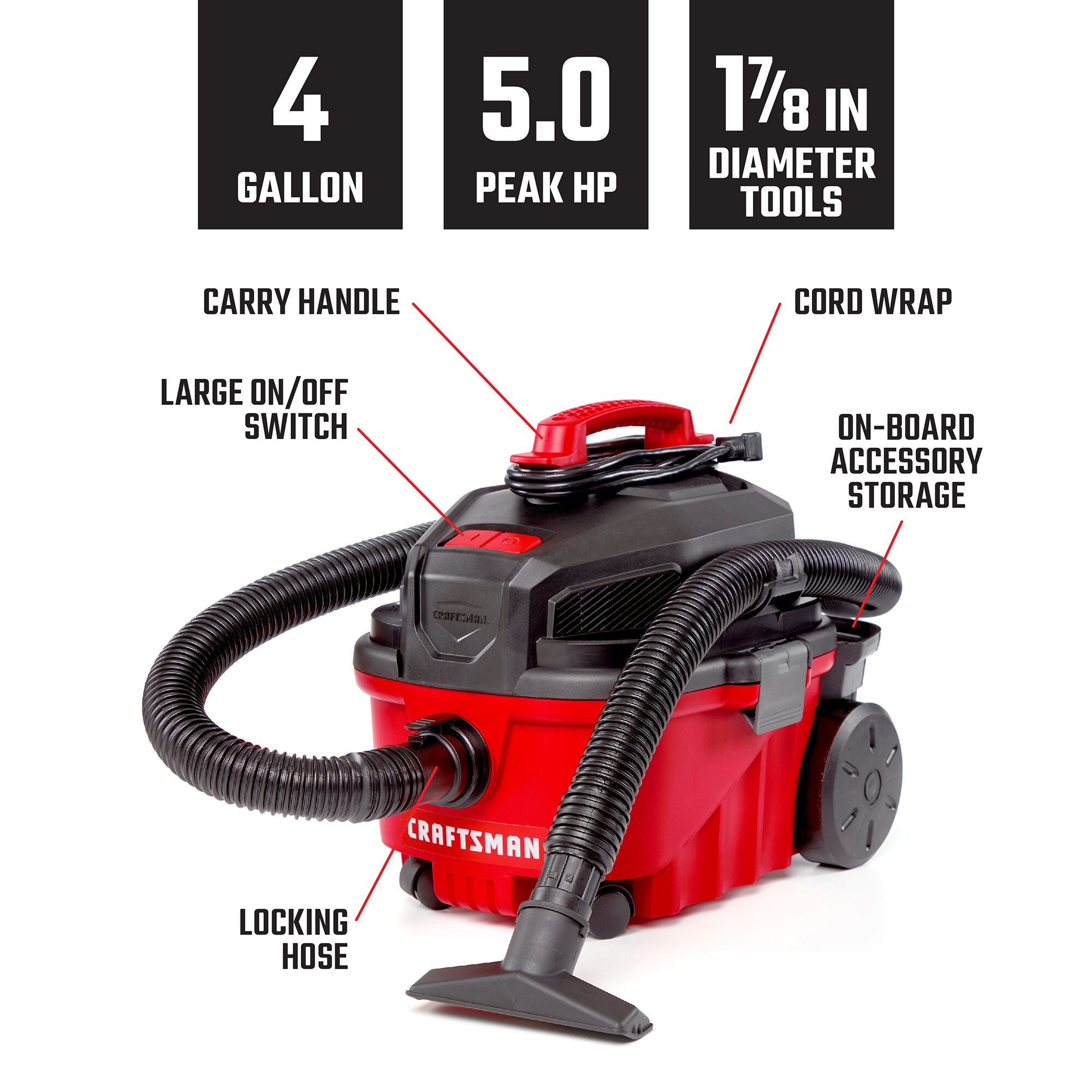 CRAFTSMAN 4 Gallon 5.0 Peak Horsepower Wet Dry Shop Vacuum with features and product specifications