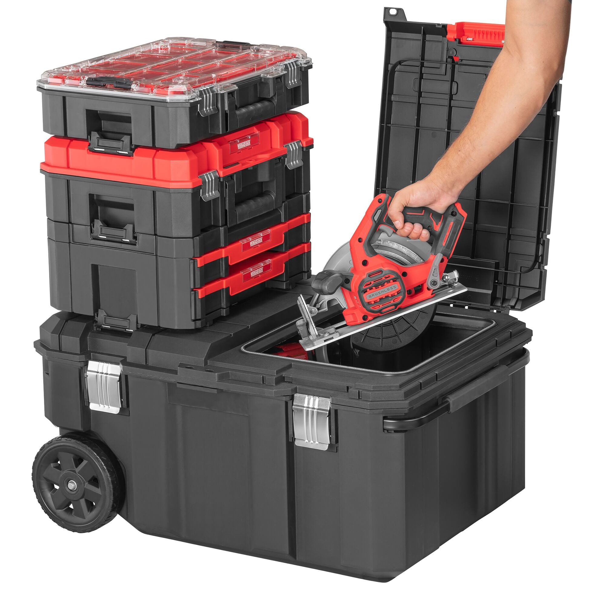 CRAFTSMAN VERSASTACK 30 Gallon Chest with additional VERSASTACK products attached with tool being placed inside