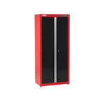 Profile of 32 inch Wide freestanding tall garage storage cabinet doors opened.