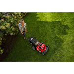 CRAFTSMAN M115 140cc Push Mower view from above mowing the lawn in plaid top and jeans