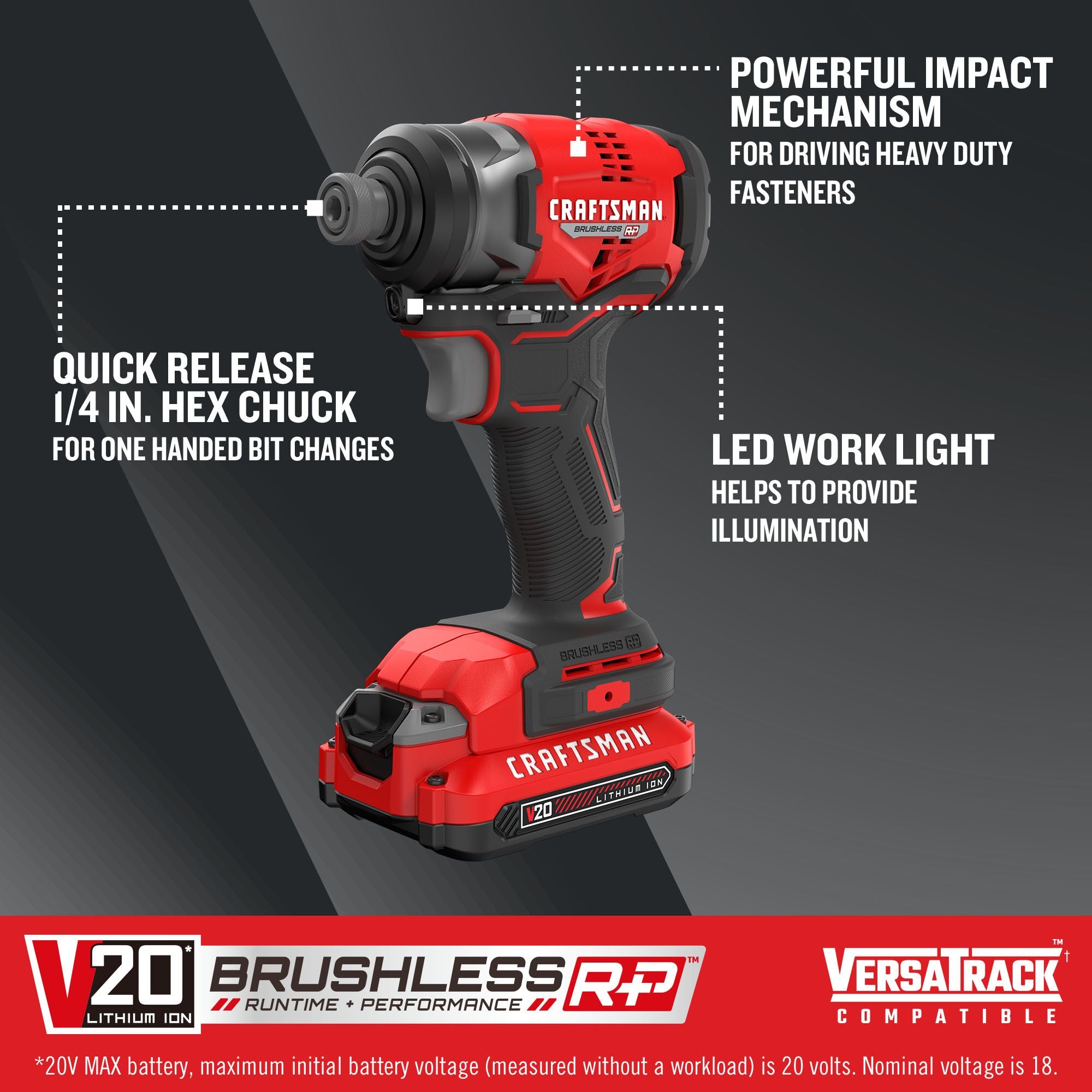 V20 BRUSHLESS RP Impact Driver on dark background