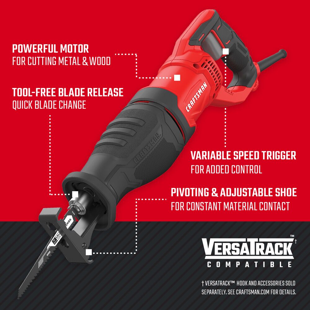 Graphic of CRAFTSMAN Reciprocating Saw highlighting product features