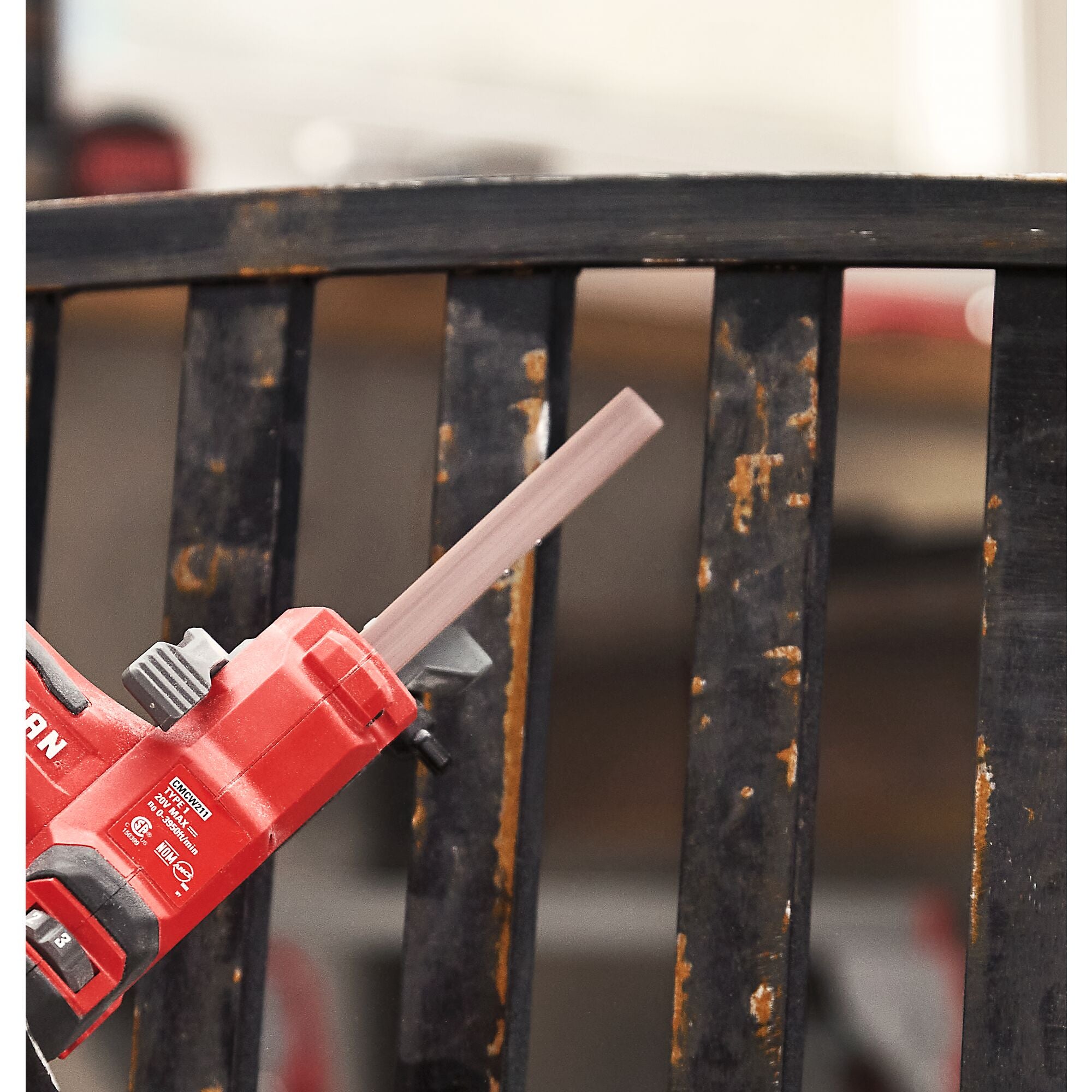 Craftsman V20 Powerfile removing rust from metal bench