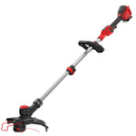 Left profile of 20 volt cordless 13 inch weedwacker string trimmer edger with push button feed.