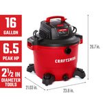 Right facing CRAFTSMAN 16 Gallon 6.5 Peak HP Wet/Dry Vac with product specifications and dimensions