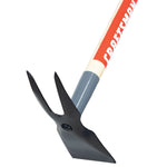 Profile of wood handle planting hoe.