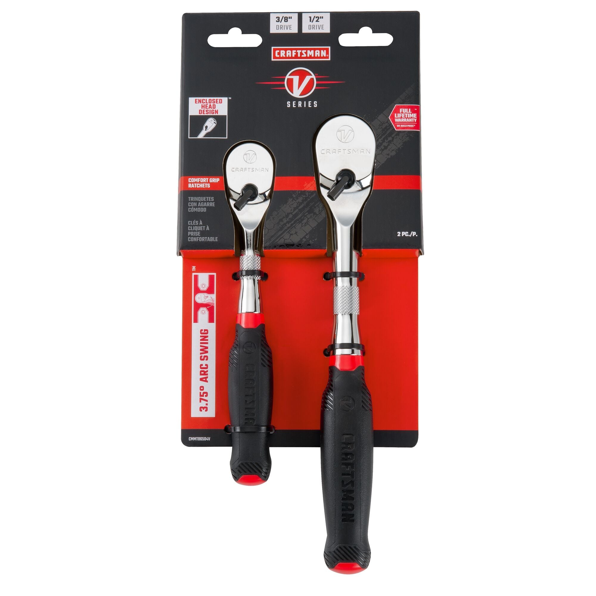 V series three eighth inch and half inch drive comfort grip ratchet in packaging. 2 pack
