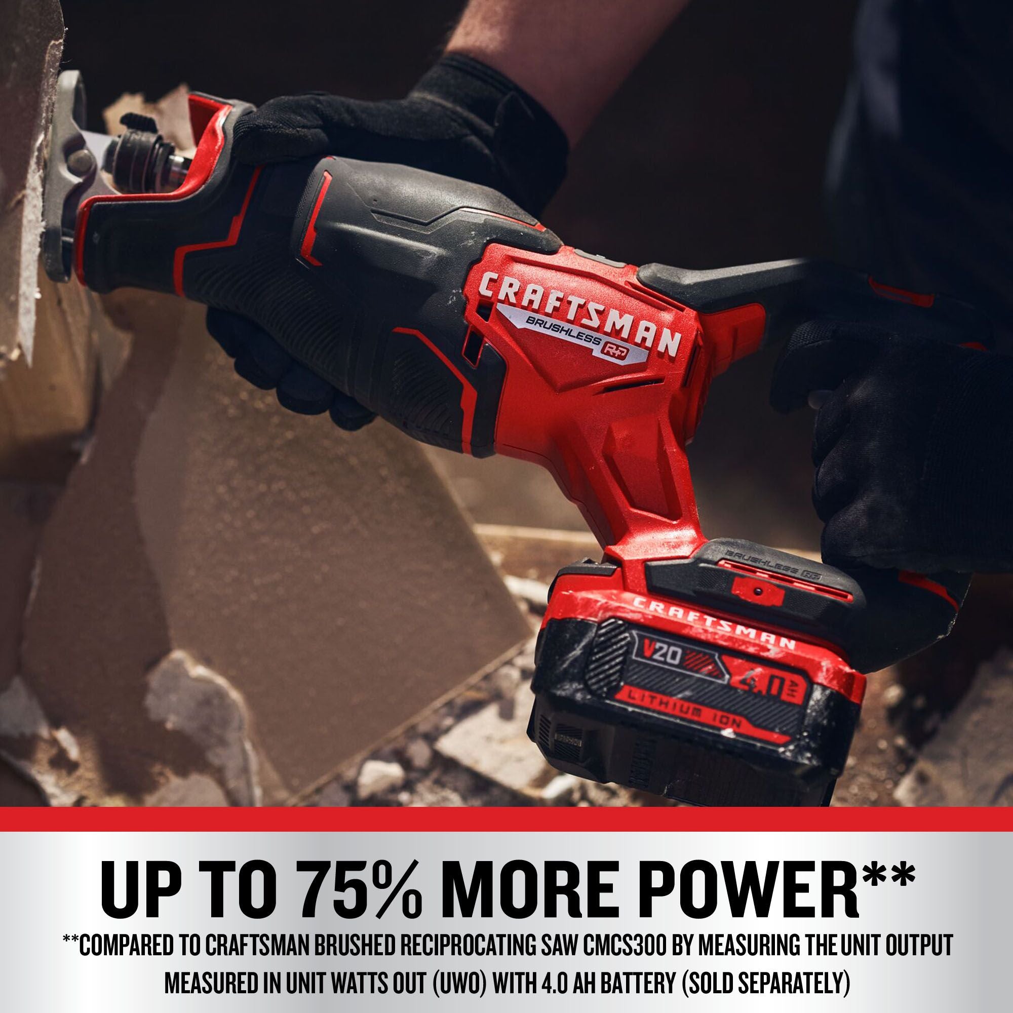 Person using Craftman V20 Brushless RP Angle Grinder with up to 65% more power**