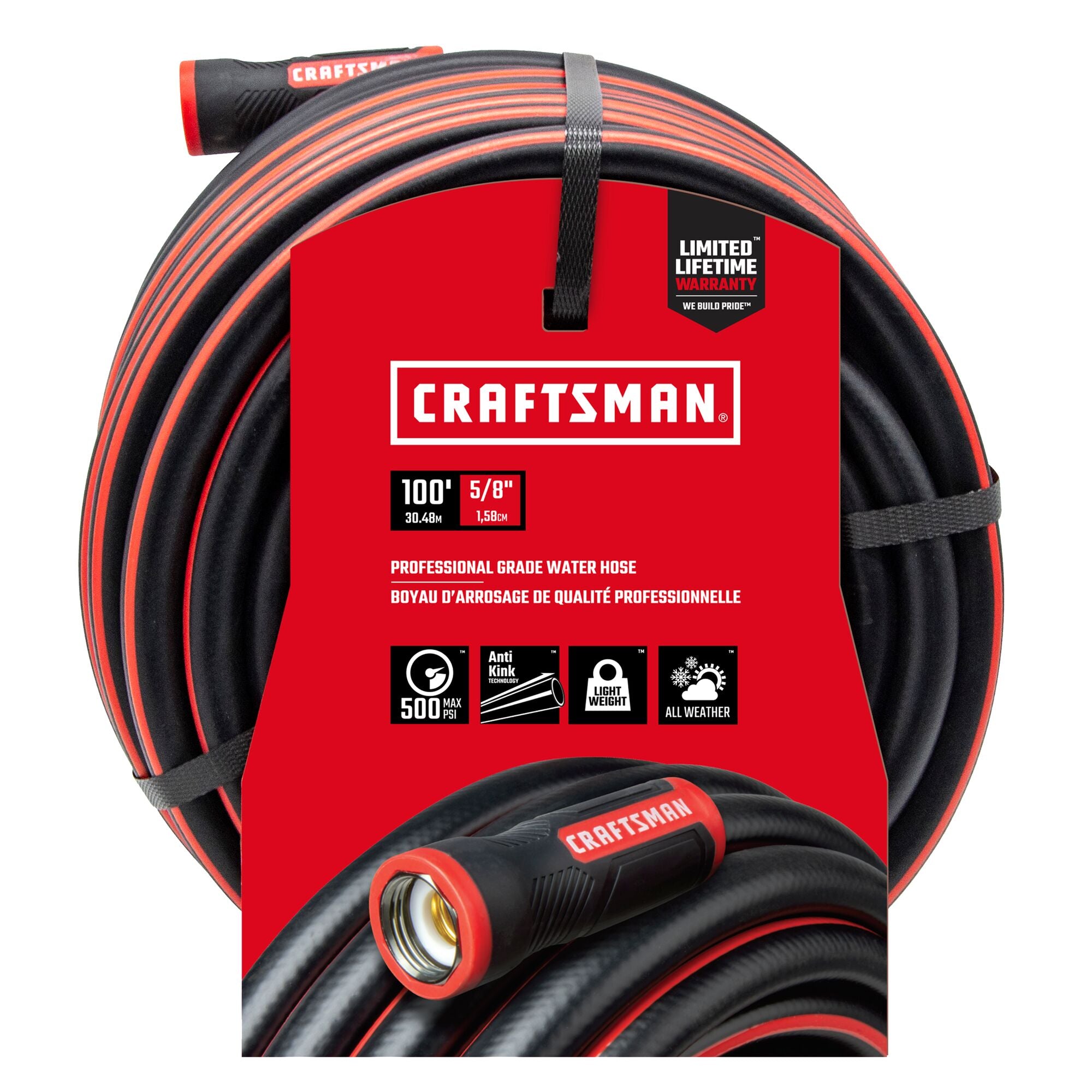 Black and red craftsman professional-grade water hose, 100-foot by 5/8 inch, front-facing in packaging. 