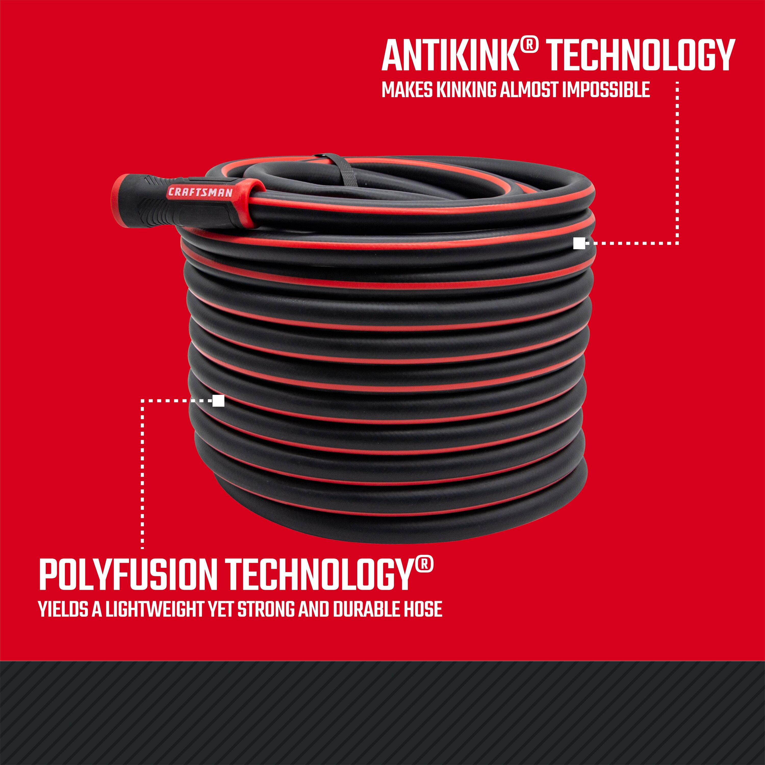 Black and red coiled craftsman professional-grade water hose, 100-foot by 5/8 inch. Featuring antikink and polyfusion technology graphic