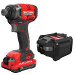CRAFTSMAN V20 Impact Driver with one battery and charger on white background