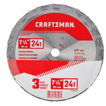 3 pack 7 and a quarter inch 24 tooth framing ripping saw blade in plastic packaging.