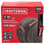 Black and red craftsman heavy duty fabric hose, 50-foot by 5/8 inch, front-facing in packaging. 