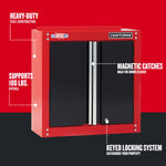 Graphic of product highlighting heavy-duty steel construction, door magnet catches, keyed locking system, supports 100lbs