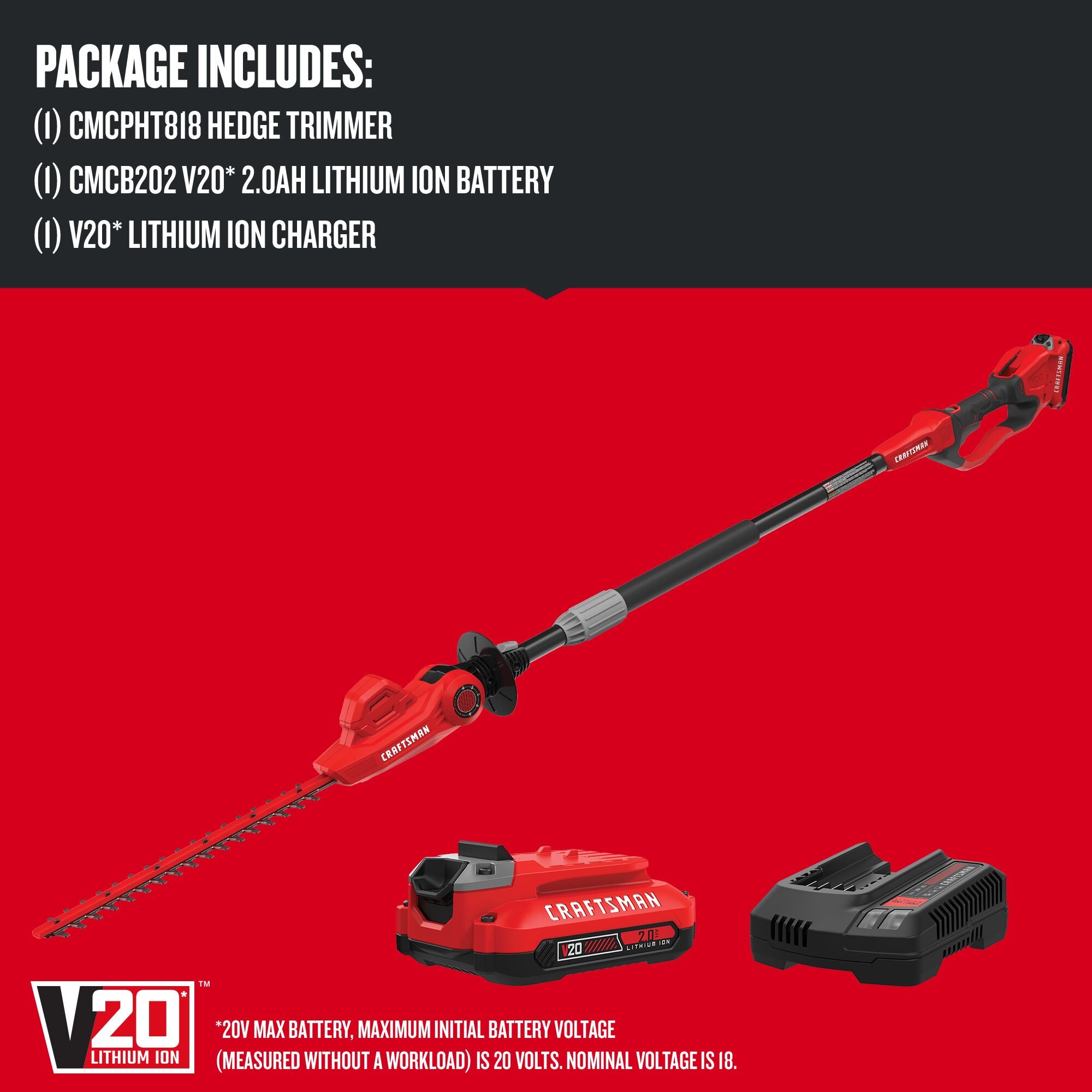  BLACK+DECKER 20V MAX Cordless Pole Hedge Trimmer, 18