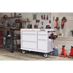 All-white CRAFTSMAN S2000 Series 41-inch wide 6-drawer workstation with wood top, in a residential garage setting surrounded by CRAFTSMAN tools