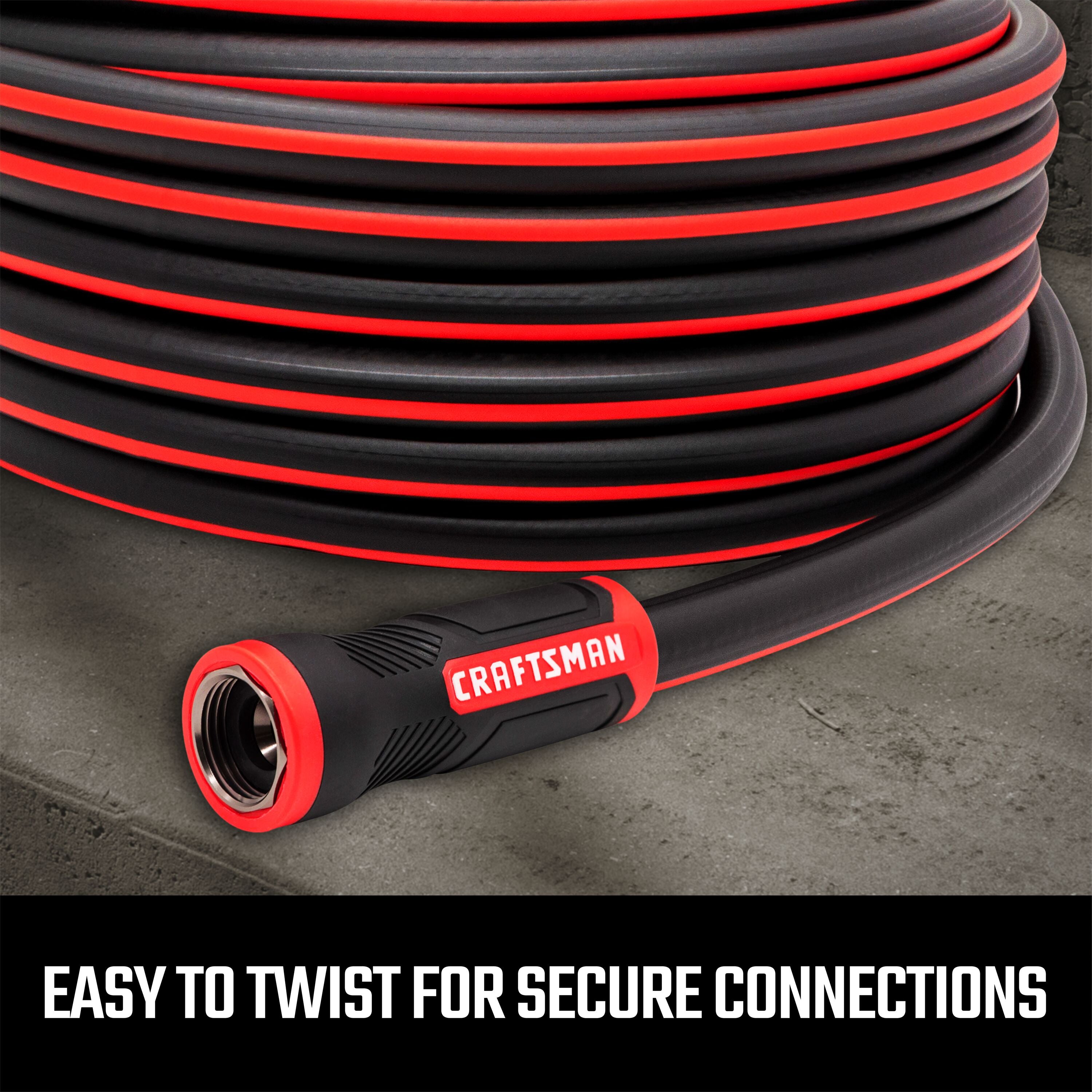 Craftsman professional-grade water hose, 100-foot by 5/8 inch featuring easy twist couplings for secure connections graphic