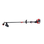 Profile of 2 Cycle 17 inch straight shaft gas weedwacker trimmer.