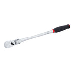 Right profile of V series half inch drive comfort grip long flex head ratchet.