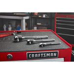 Group shot of 3 CRAFTSMAN Low Profile ratchets on a metal workstation