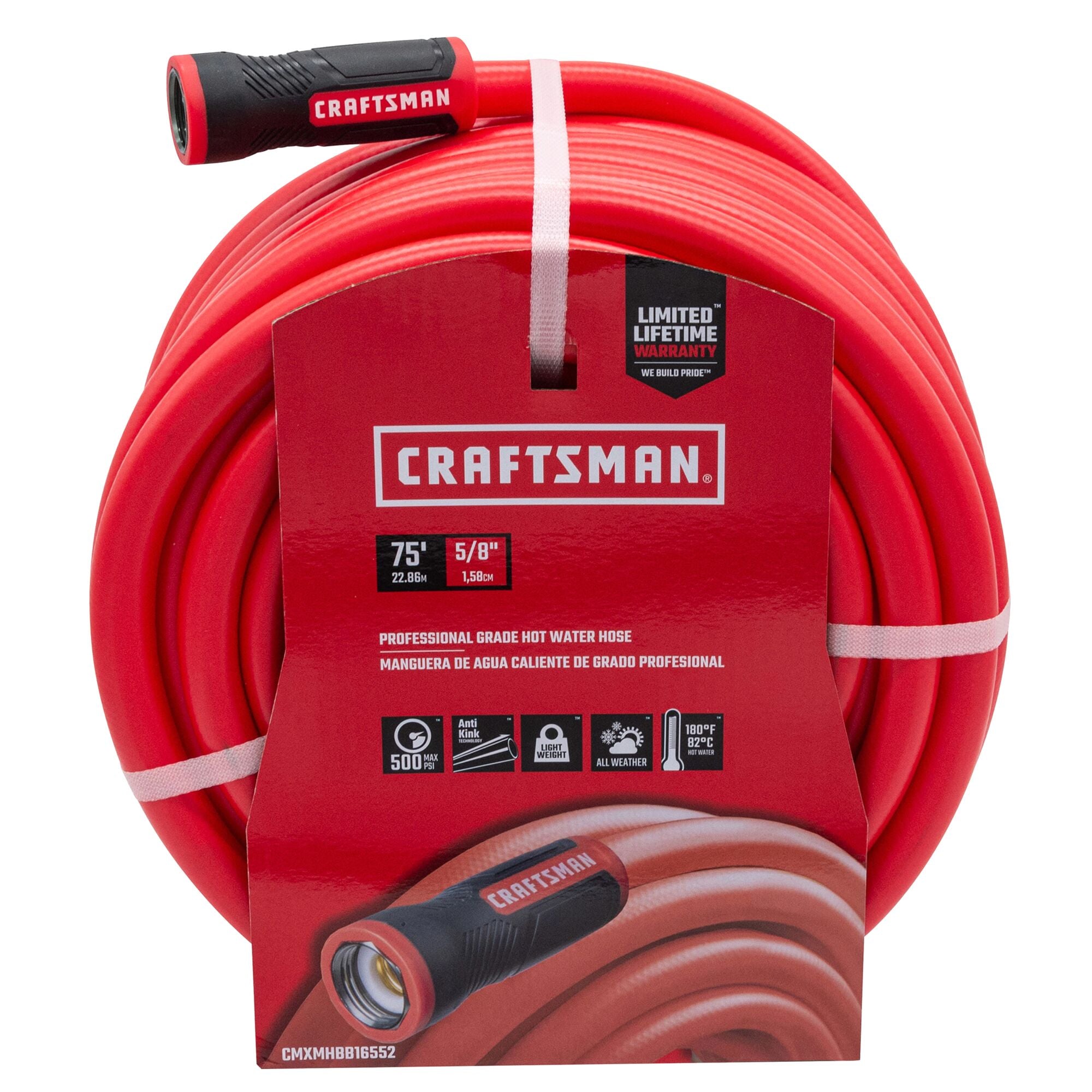 Red and black craftsman 75-foot by 5/8 inch professional-grade hot water hose. Front-facing in packaging. 