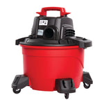 6 gallon 3.5 Peak h p wet and dry vac with attachments placed in the garage.