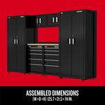 126 inch Wide 7 Piece Welded Metal Storage Suite With Drawer Storage placed in a garage workshop along with variety of other tools and equipment.