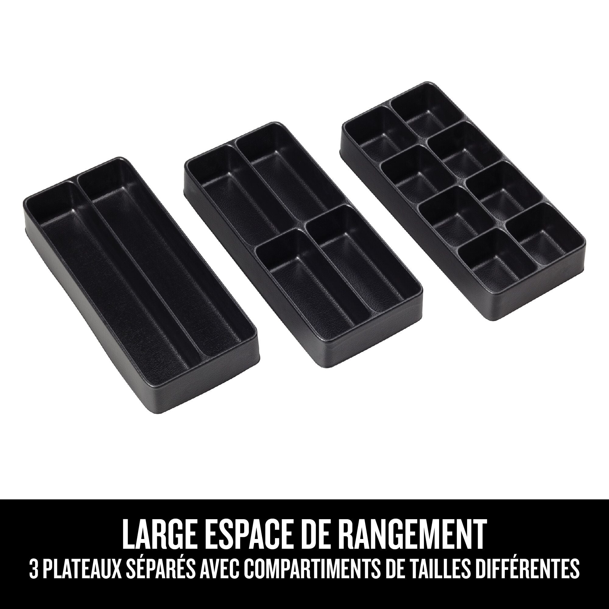 Ample storage space - three separate trays with different compartment sizes