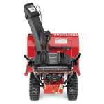Back profile of 28 inch 243 CC electric start two stage snow blower.