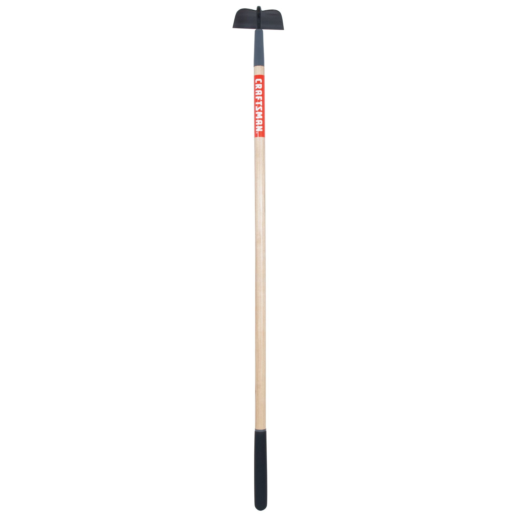 Profile of wood handle garden hoe.