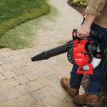 27 C C 2 cycle leaf blower vacuum being carried by a person outdoors.