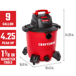 Right facing CRAFTSMAN 9 Gallon 4.25 Peak HP Wet/Dry Vac with product specifications and dimensions