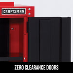 GarageWall Cabinet with one door open and text highlighting zero-clearance doors feature