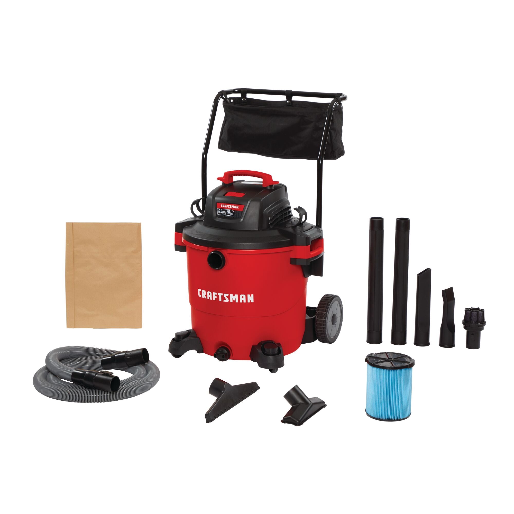 20 gallon 6.5 H P wet dry vacuum with cart and complete kit.