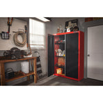 2000 SERIES 48 inch Wide Free Standing Tall Garage Storage Cabinet containing tools and other stuff with one door open placed in storage room.
